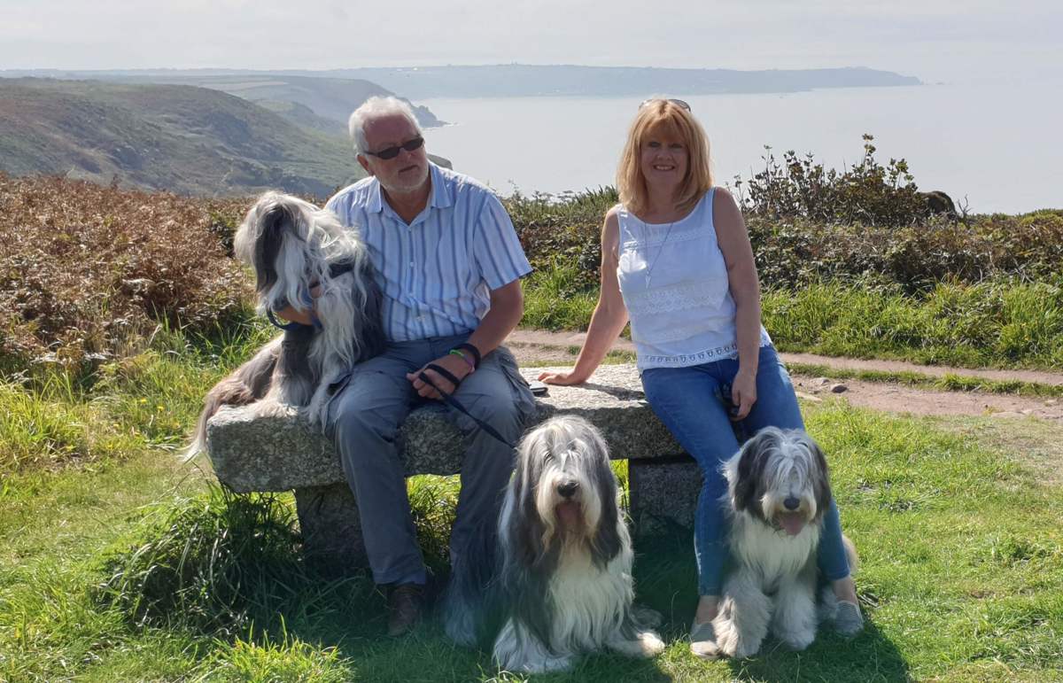 A couple sat on a bench overlooking a coastal path with their three dogs.