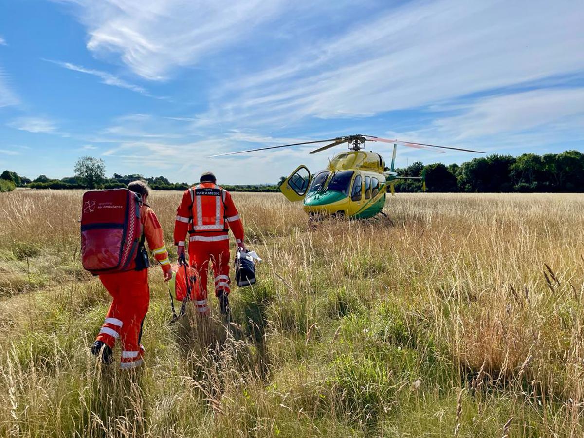 A photo of two paramedics, carrying kit bags, walking through long grass to the helicopter