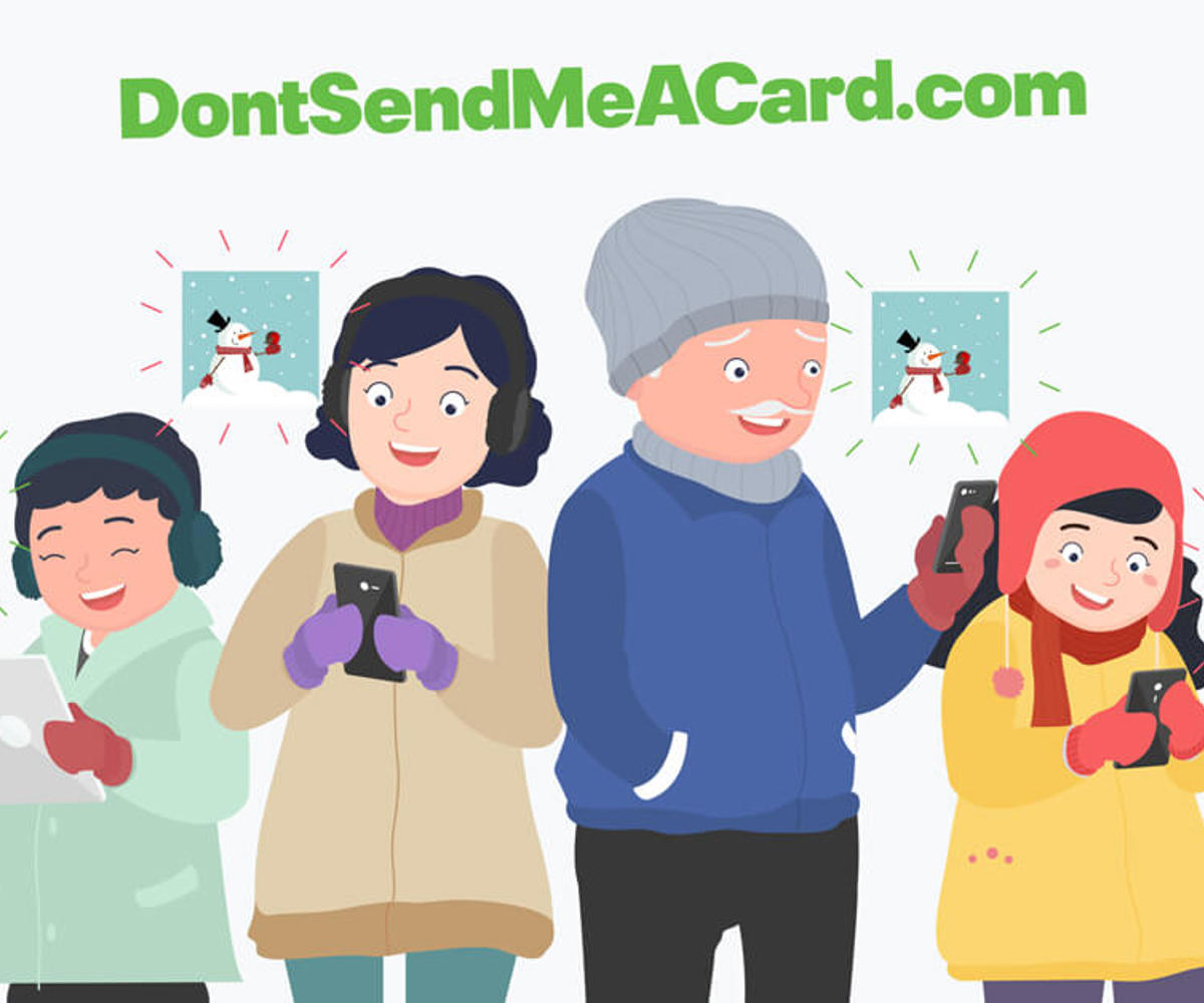 An illustration of a group of people happily receiving Christmas e-cards