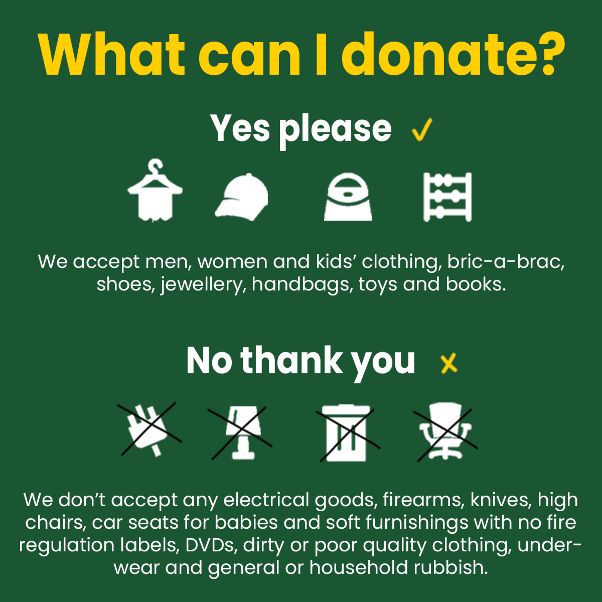 An infographic describing acceptable and unacceptable items at the Devizes Charity Shop